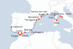 Carte itinéraire croisière - 16 jours au départ de Lisbonne - Méditerranée