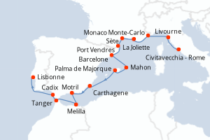 Carte itinéraire croisière - 16 jours au départ de Civitavecchia - Rome - Atlantique