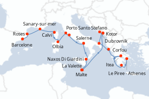 Carte itinéraire croisière - 21 jours au départ de Barcelone - Méditerranée
