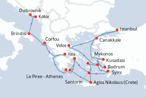 Carte itinéraire croisière - 21 jours au départ de Dubrovnik - Méditerranée