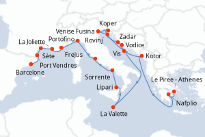 Carte itinéraire croisière - 21 jours au départ de Le Piree - Athenes - Méditerranée