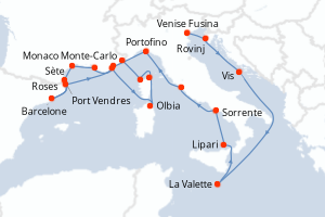 Carte itinéraire croisière - 21 jours au départ de Venise Fusina - Méditerranée