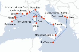 Carte itinéraire croisière - 21 jours au départ de Civitavecchia - Rome - Adriatique
