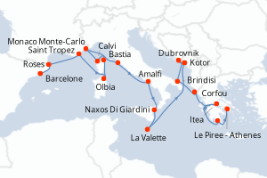 Carte itinéraire croisière - 21 jours au départ de Barcelone - Méditerranée
