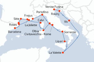 Carte itinéraire croisière - 21 jours au départ de Venise Fusina - Méditerranée