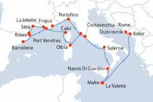 Carte itinéraire croisière - 21 jours au départ de Civitavecchia - Rome - Adriatique
