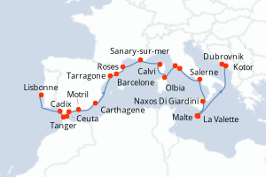 Carte itinéraire croisière - 23 jours au départ de Lisbonne - Adriatique