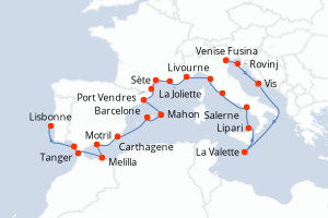 Carte itinéraire croisière - 23 jours au départ de Venise Fusina - Atlantique