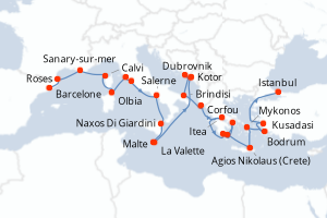 Carte itinéraire croisière - 28 jours au départ de Barcelone - Méditerranée