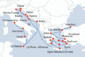 Carte itinéraire croisière - 28 jours au départ de Le Piree - Athenes - Méditerranée
