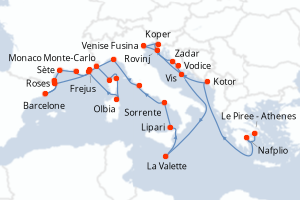 Carte itinéraire croisière - 28 jours au départ de Le Piree - Athenes - Méditerranée