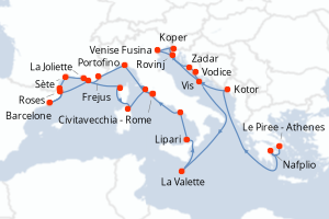 Carte itinéraire croisière - 28 jours au départ de Le Piree - Athenes - Méditerranée