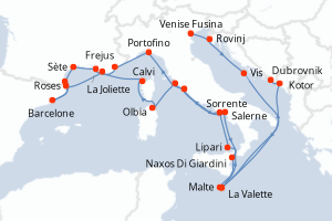 Carte itinéraire croisière - 28 jours au départ de Venise Fusina - Adriatique