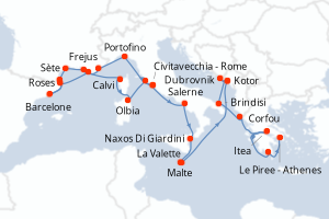Carte itinéraire croisière - 28 jours au départ de Civitavecchia - Rome - Méditerranée