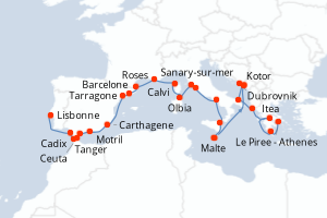 Carte itinéraire croisière - 30 jours au départ de Lisbonne - Méditerranée