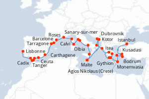 Carte itinéraire croisière - 37 jours au départ de Lisbonne - Méditerranée