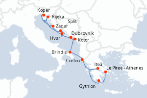 Carte itinéraire croisière - 14 jours au départ de Le Piree - Athenes - Adriatique