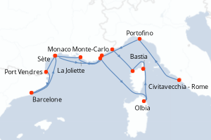 Carte itinéraire croisière - 14 jours au départ de Civitavecchia - Rome - Méditerranée