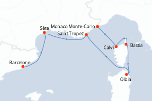 Carte itinéraire croisière - 7 jours au départ de Barcelone - Méditerranée