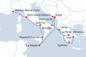 Carte itinéraire croisière - 14 jours au départ de Monaco Monte-Carlo - Méditerranée