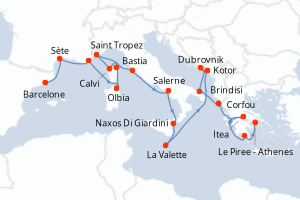 Carte itinéraire croisière - 21 jours au départ de Barcelone - Méditerranée
