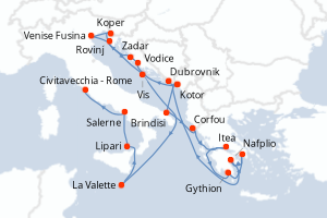 Carte itinéraire croisière - 21 jours au départ de Dubrovnik - Méditerranée