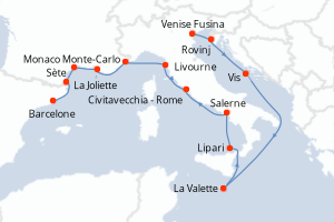 Carte itinéraire croisière - 14 jours au départ de Venise Fusina - Méditerranée