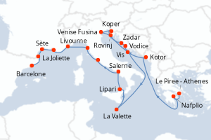 Carte itinéraire croisière - 21 jours au départ de Le Piree - Athenes - Méditerranée