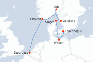 Carte itinéraire croisière - 7 jours au départ de Zeebrugge - Europe du Nord