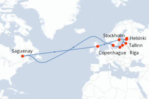 Carte itinéraire croisière - 12 jours au départ de Copenhague - Europe du Nord