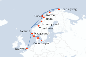 Carte itinéraire croisière  - 14 jours au départ de Douvres - Europe du Nord