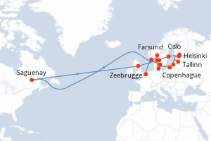 Carte itinéraire croisière - 19 jours au départ de Zeebrugge - Europe du Nord