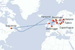 Carte itinéraire croisière  - 19 jours au départ de Copenhague - Europe du Nord