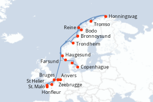 Carte itinéraire croisière - 21 jours au départ de Zeebrugge - Europe du Nord