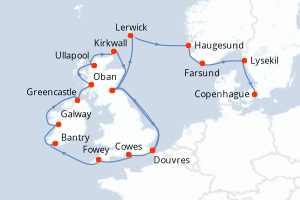 Carte itinéraire croisière - 22 jours au départ de Douvres - Europe du Nord