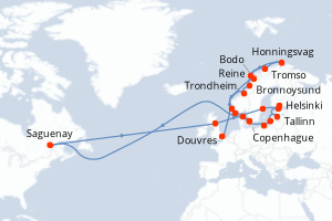 Carte itinéraire croisière  - 26 jours au départ de Douvres - Europe du Nord