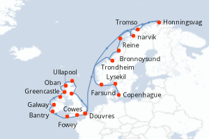 Carte itinéraire croisière - 28 jours au départ de Copenhague - Europe du Nord