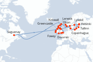 Carte itinéraire croisière - 34 jours au départ de Douvres - Europe du Nord