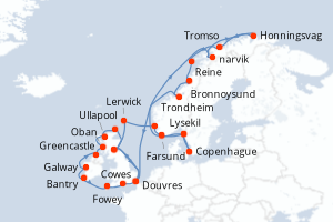Carte itinéraire croisière - 36 jours au départ de Copenhague - Europe du Nord