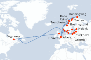 Carte itinéraire croisière  - 40 jours au départ de Douvres - Europe du Nord