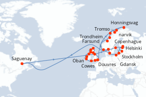Carte itinéraire croisière - 40 jours au départ de Copenhague - Europe du Nord
