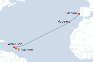 Carte itinéraire croisière - 12 jours au départ de Bridgetown - Transatlantique