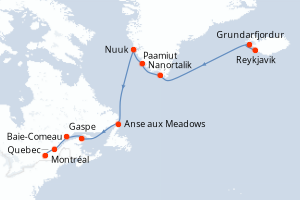 Carte itinéraire croisière - 14 jours au départ de Reykjavik - Amérique du Nord
