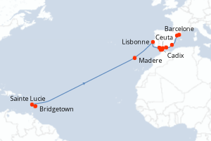 Carte itinéraire croisière - 21 jours au départ de Bridgetown - Transatlantique