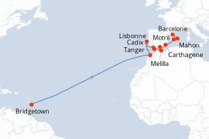 Carte itinéraire croisière - 21 jours au départ de Barcelone - Transatlantique