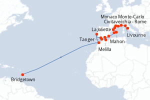 Carte itinéraire croisière - 28 jours au départ de Civitavecchia - Rome - Transatlantique