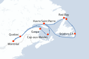 Carte itinéraire croisière - 13 jours au départ de Montréal - Amérique du Nord