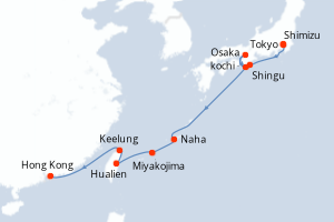 Carte itinéraire croisière - 12 jours au départ de Tokyo - Asie