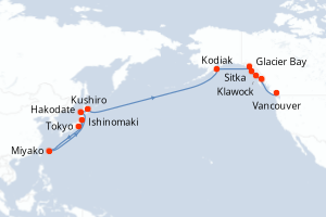 Carte itinéraire croisière - 21 jours au départ de Tokyo - Alaska