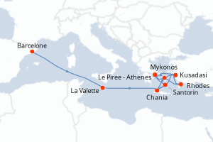 Carte itinéraire croisière - 14 jours au départ de Barcelone - Méditerranée